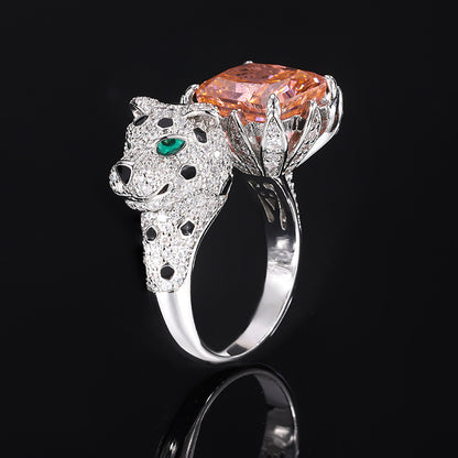 Women’s Luxury Leopard Statement Adjustable Ring with High-Carbon Diamond & Color Gemstone