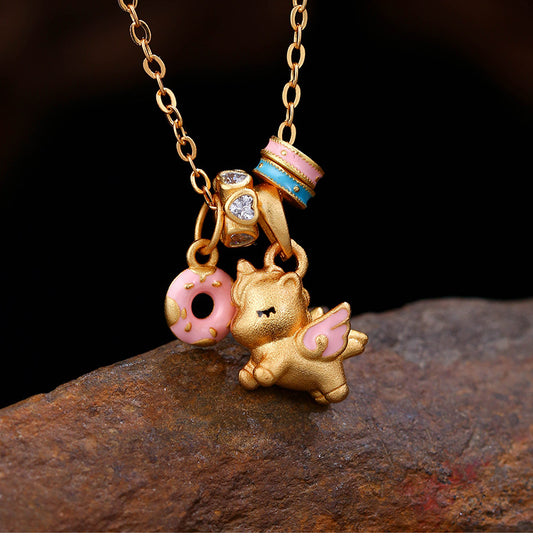 Women’s Gold-Plated Unicorn Charm Necklace with Pastel Enamel and Donut Detail