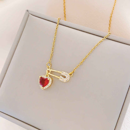 Women’s Dainty Safety Pin Necklace with Pink Heart and Sparkling Stone Detail