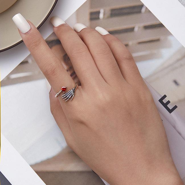 925 Sterling Silver Skeleton Hand Ring with Red Heart Detail – Gothic Open Ring