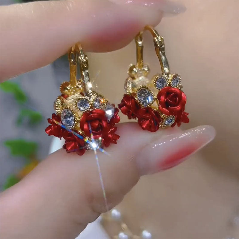 Women’s Gold Tone Romantic Rose Flower Basket Drop Earrings with Sparkling Zircon Detail