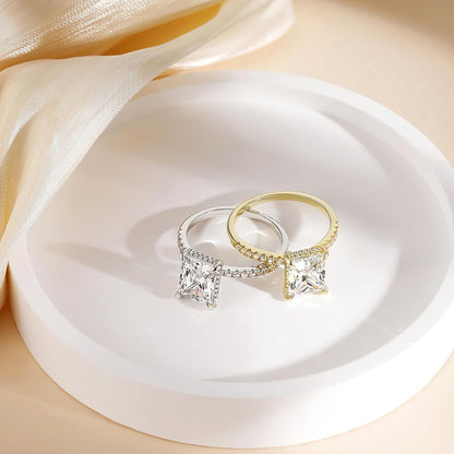 Women’s Luxury Rectangular-Cut Cubic Zirconia Four-Prong Pavé Ring – Platinum, Gold & Rose Gold Tone