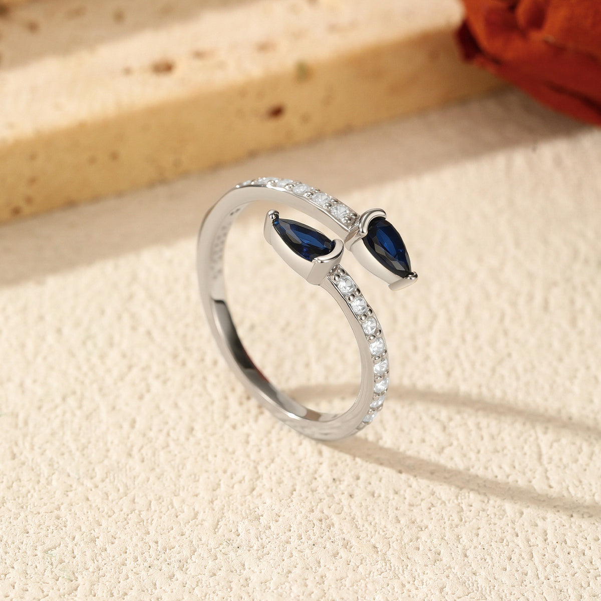 Women’s S925 Sterling Silver Royal Blue Marquise Stone Adjustable Open Ring with Pavé Detail