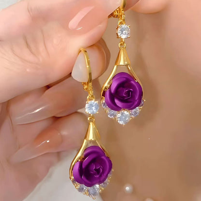 Women’s Elegant Rose Flower Drop Hoop Earrings with Sparkling Teardrop Frame