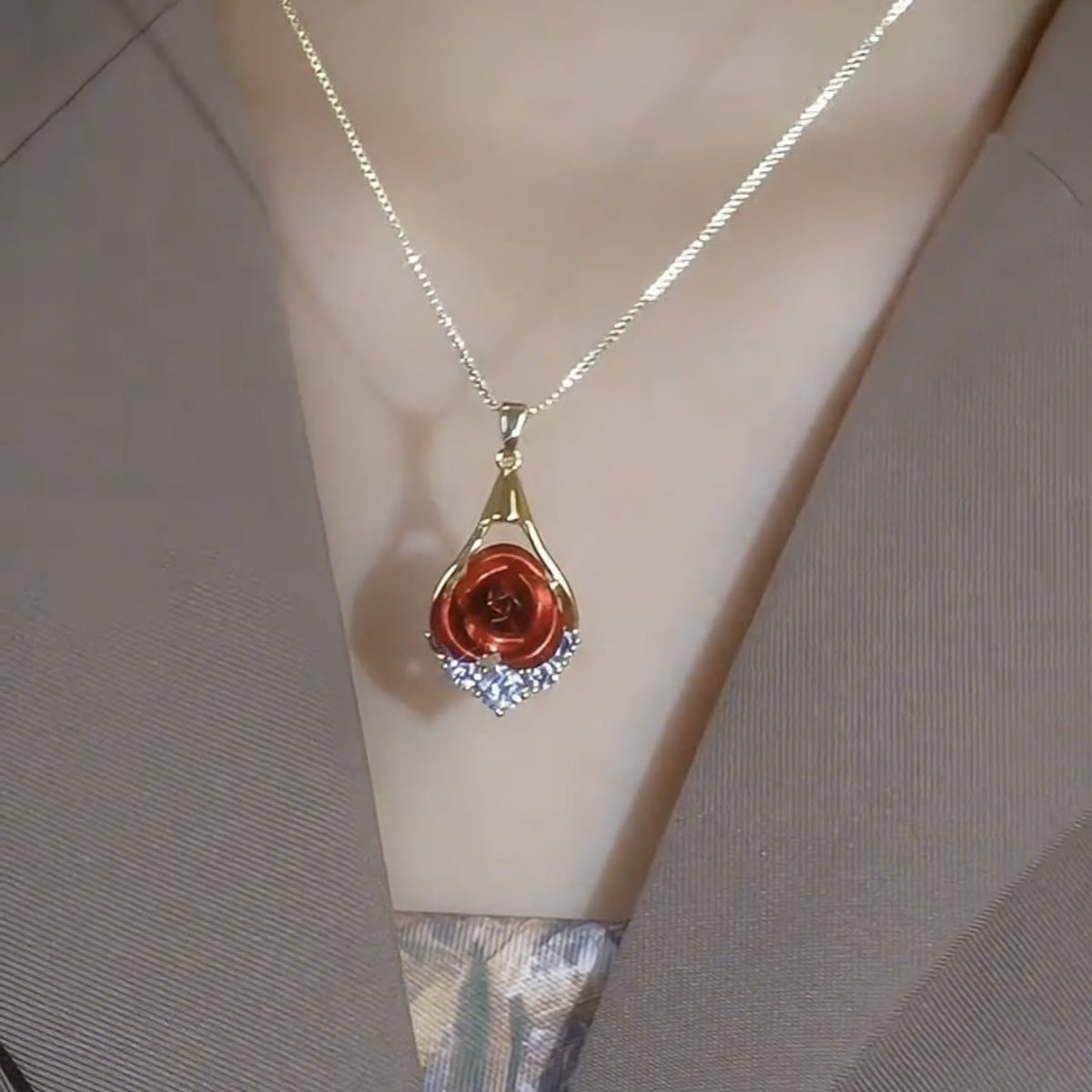 Women’s Gold Tone Romantic Red Rose Pendant Box Chain Necklace with Sparkling Zircon Detail