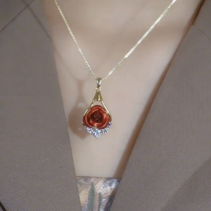 Women’s Gold Tone Romantic Red Rose Pendant Box Chain Necklace with Sparkling Zircon Detail
