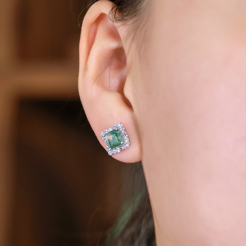 925 Sterling Silver Square Moss Agate Stud Earrings with Sparkling Halo
