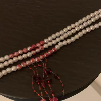 Women’s Gothic Halloween Three-Strand Pearl Choker Necklace with Red Blood-Drip Beaded Detail