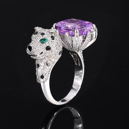 Women’s Luxury Leopard Statement Adjustable Ring with High-Carbon Diamond & Color Gemstone