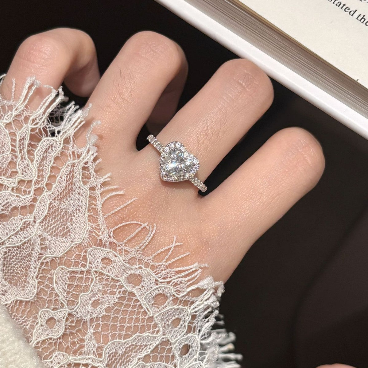 925 Sterling Silver 1 Carat Heart Moissanite Ring with Sparkling Halo
