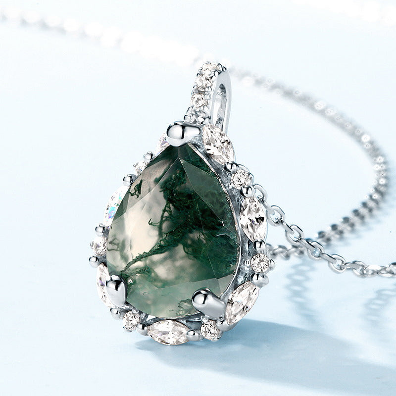 925 Sterling Silver Natural Moss Agate Teardrop Pendant with Sparkling Halo