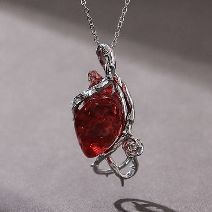 Unisex Gothic Red Anatomical Heart Pendant Necklace with Thorn Vine and Rose Detail