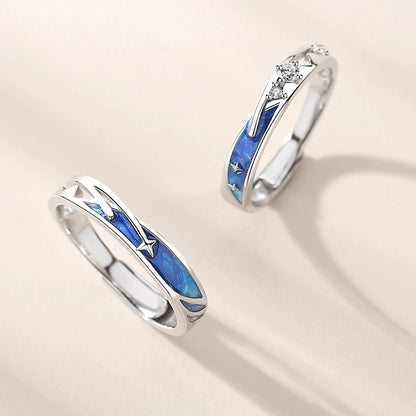 925 Sterling Silver Adjustable Couple Rings with Blue Shooting Star Design