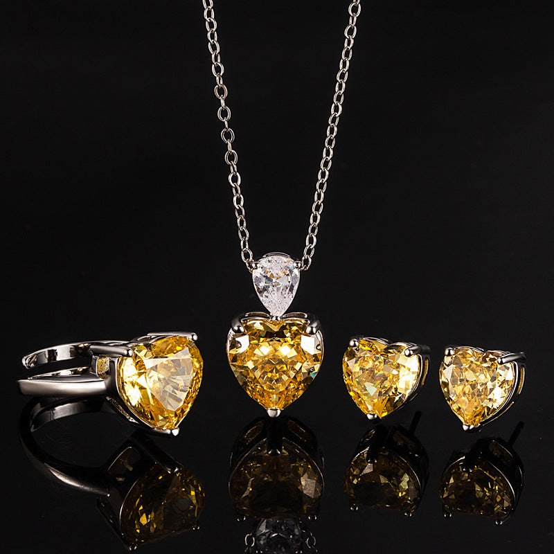 Women’s Yellow Heart-Cut High-Carbon Diamond Necklace, Earrings & Ring Jewelry Set