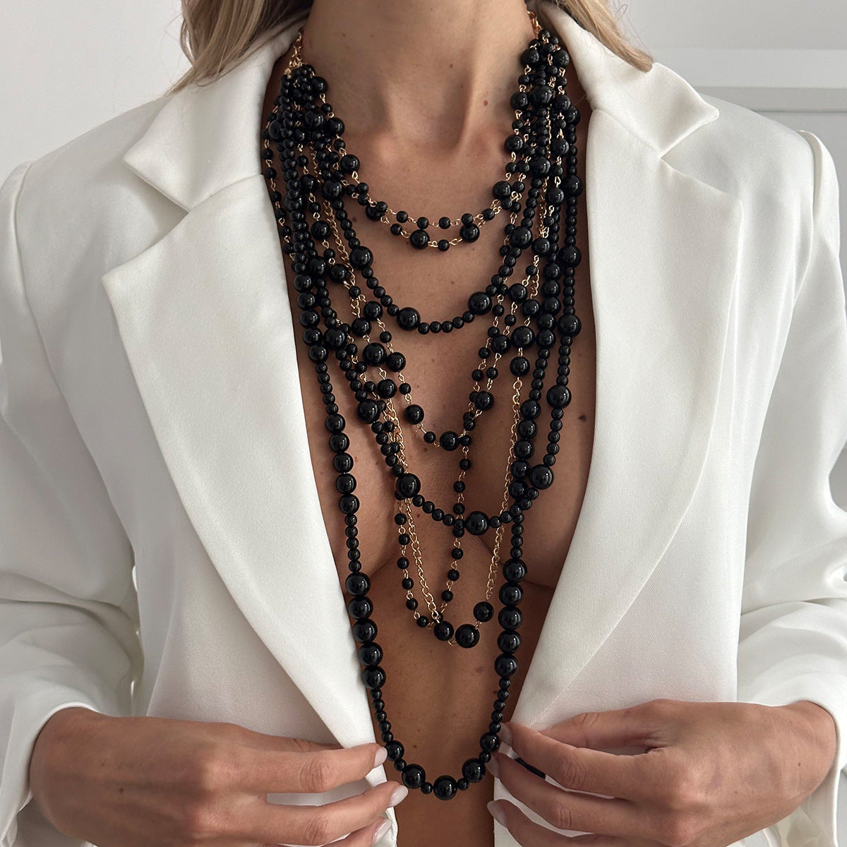 Women’s Statement Multi-Layer Faux Pearl Long Necklace with Handmade Beaded Chains