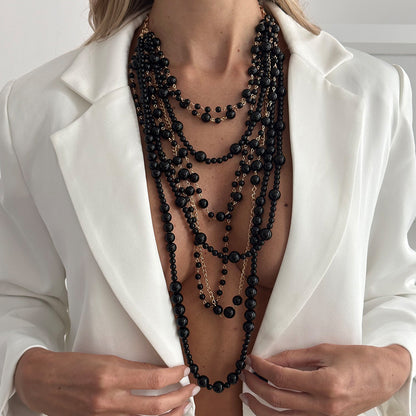 Women’s Statement Multi-Layer Faux Pearl Long Necklace with Handmade Beaded Chains