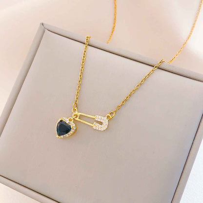 Women’s Dainty Safety Pin Necklace with Pink Heart and Sparkling Stone Detail
