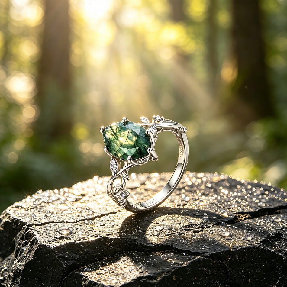 925 Sterling Silver Natural Moss Agate Ring with Intertwined Vine and Leaf Details
