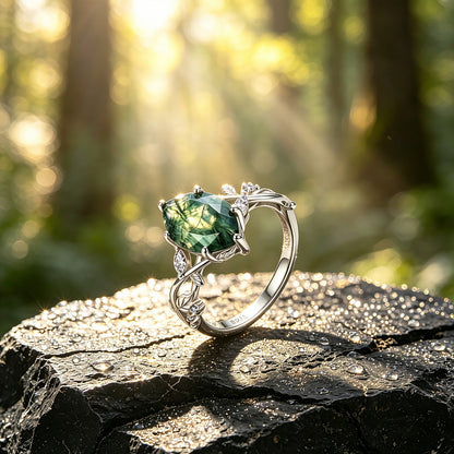 925 Sterling Silver Natural Moss Agate Ring with Intertwined Vine and Leaf Details