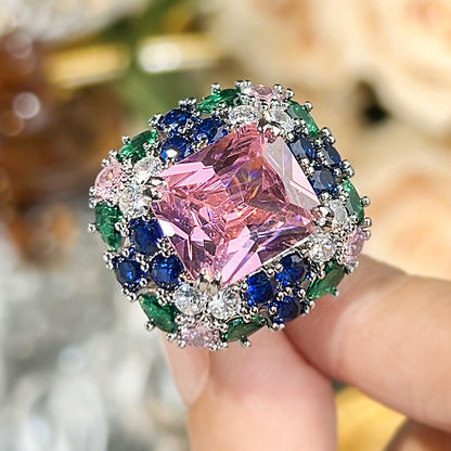 Women’s Candy Color Cubic Zirconia Adjustable Statement Ring with Pink, Red or Emerald Green Gemstone