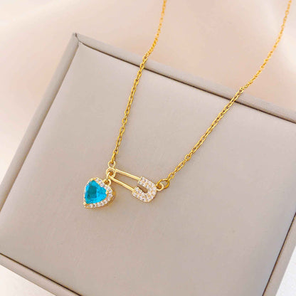 Women’s Dainty Safety Pin Necklace with Pink Heart and Sparkling Stone Detail
