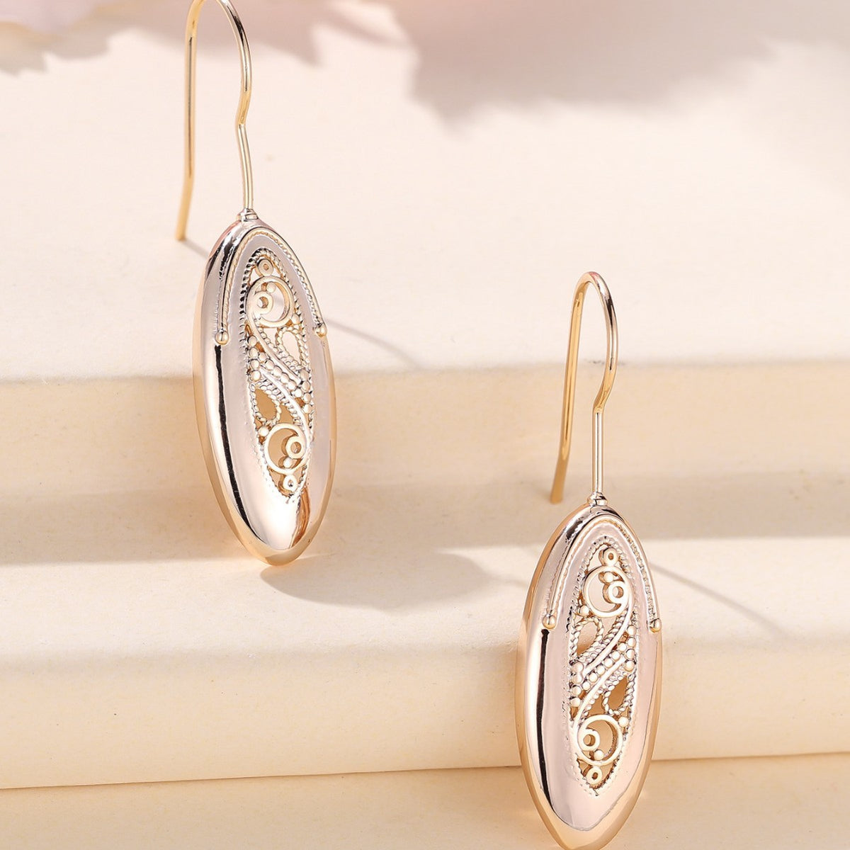Women’s Champagne Gold Oval Drop Earrings with Openwork Scroll Detail