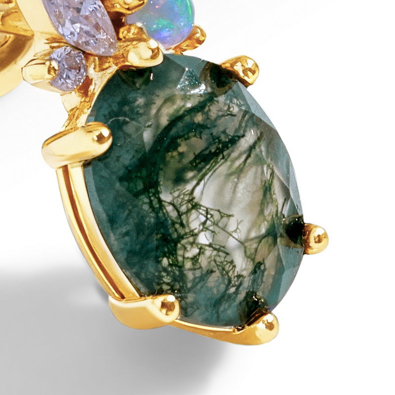 10K Gold-Plated 925 Sterling Silver Moss Agate Stud Earrings with Oval Stones and Cluster Accents