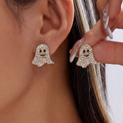 Women’s Halloween Rhinestone Ghost Earrings with Playful Face Details