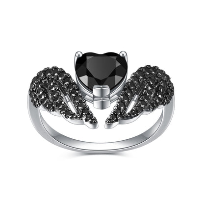 Women’s 925 Sterling Silver Heart Ring with Black Wings and Gemstone Center