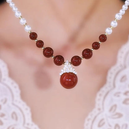 Women’s Elegant Faux Pearl Necklace with Cubic Zirconia Crown Pendant