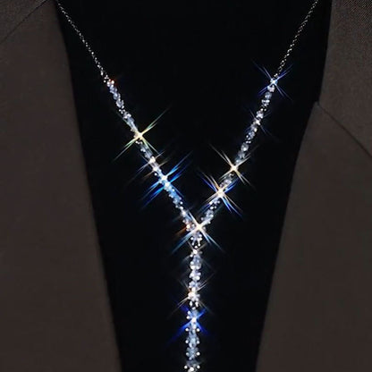 Women’s Silver-Tone Long Y Necklace with Sparkling Tassel Detail