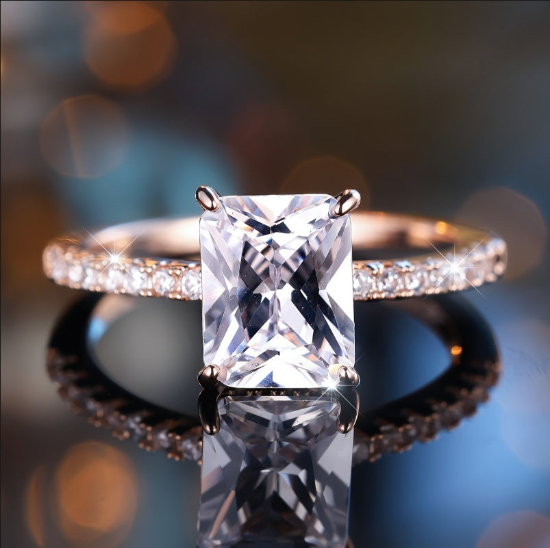 Women’s Luxury Rectangular-Cut Cubic Zirconia Four-Prong Pavé Ring – Platinum, Gold & Rose Gold Tone