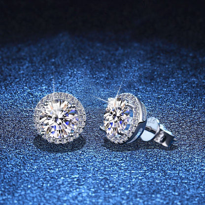 Women’s S925 Sterling Silver Round-Cut Moissanite Halo Stud Earrings – 0.1CT to 2CT
