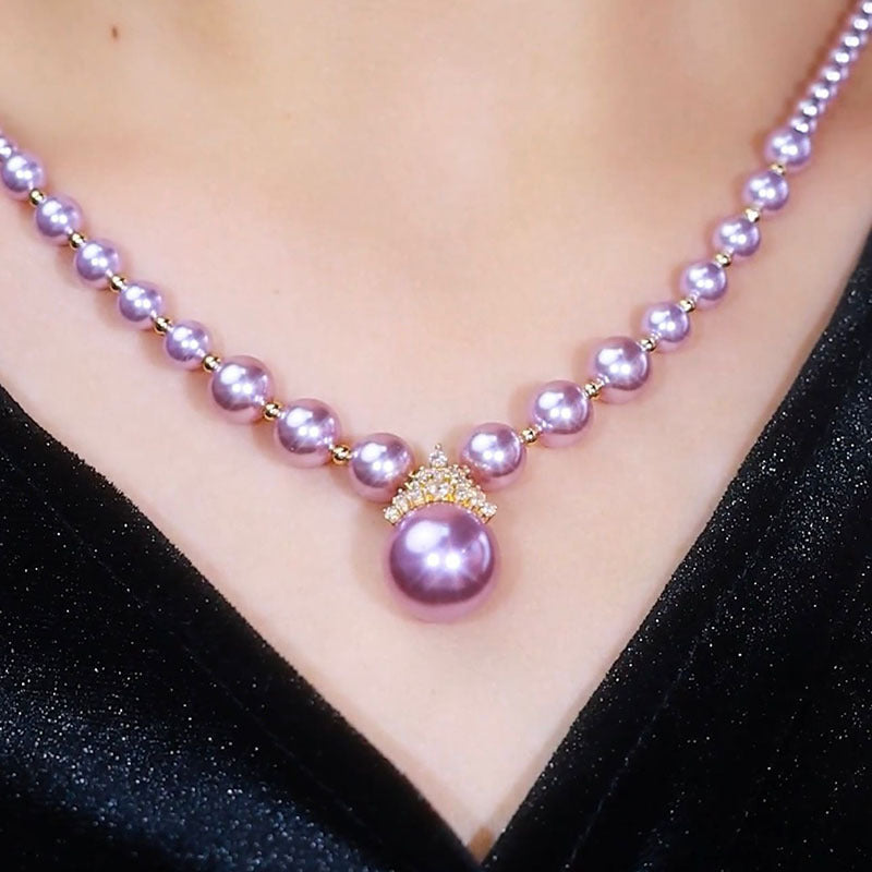 Women’s Elegant Faux Pearl Necklace with Cubic Zirconia Crown Pendant