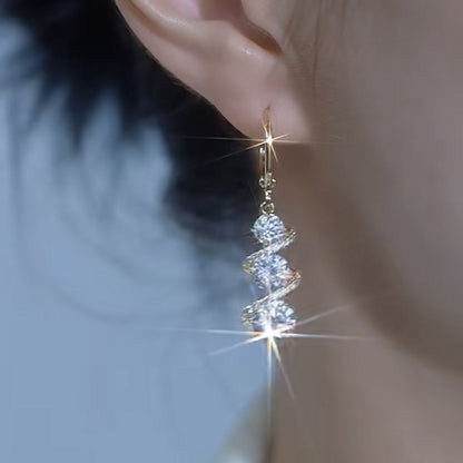 Women’s Gold-Tone Elegant Zircon Drop Earrings with Sparkling Spiral Detail