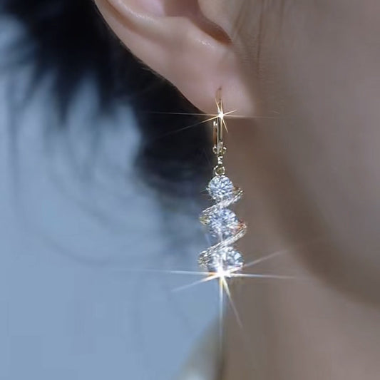 Women’s Gold-Tone Elegant Zircon Drop Earrings with Sparkling Spiral Detail