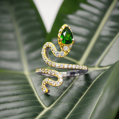 Women’s 925 Sterling Silver Adjustable Snake Ring with Natural Green Diopside