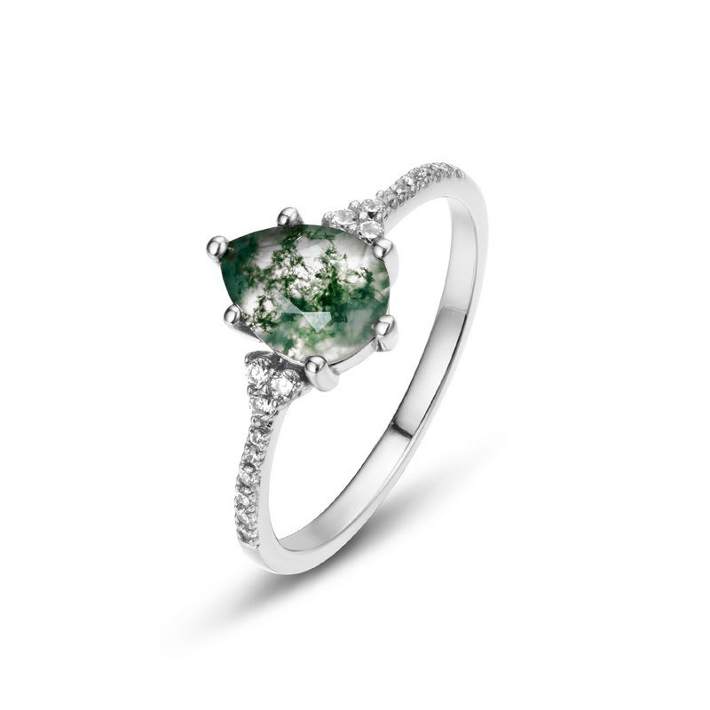 925 Sterling Silver Natural Moss Agate Ring with Sparkling Side Accents