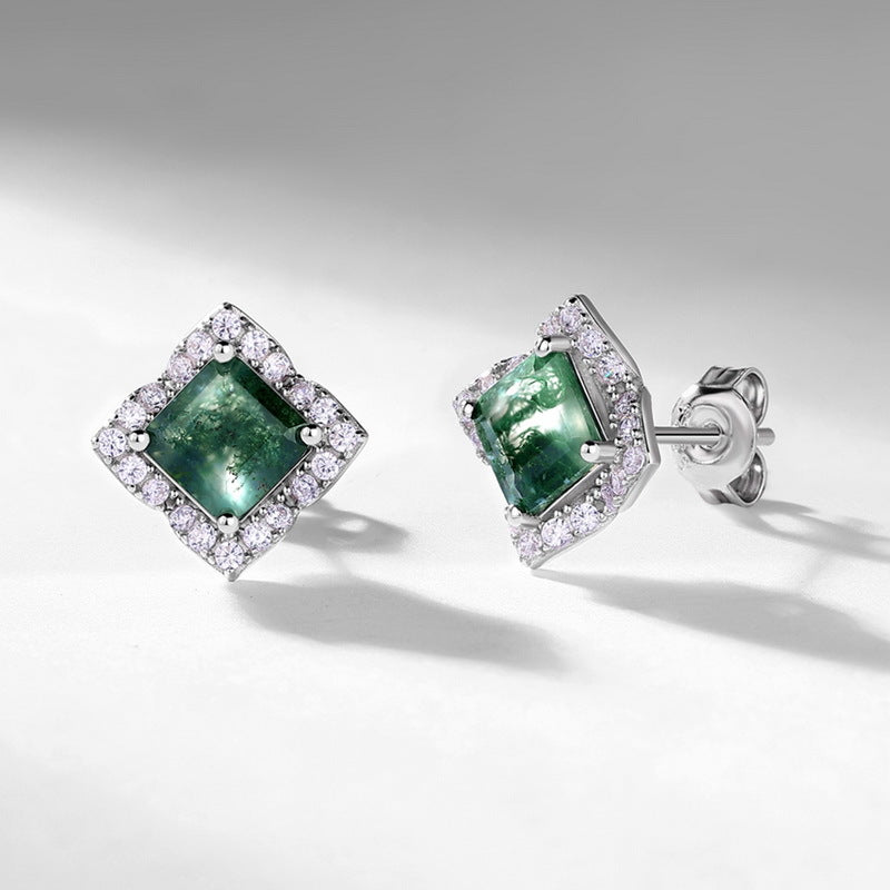 925 Sterling Silver Square Moss Agate Stud Earrings with Sparkling Halo