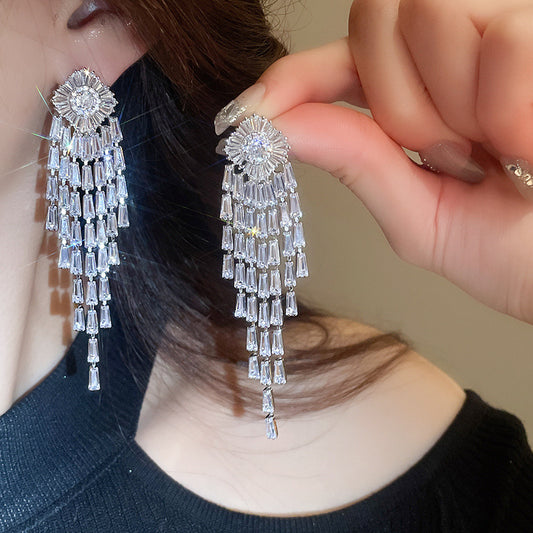 Women’s Silver-Tone Floral Tassel Drop Earrings with Sparkling Baguette Zircon Detail
