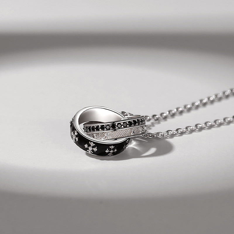 Men’s 925 Sterling Silver Double Ring Pendant Necklace with Black Star Details