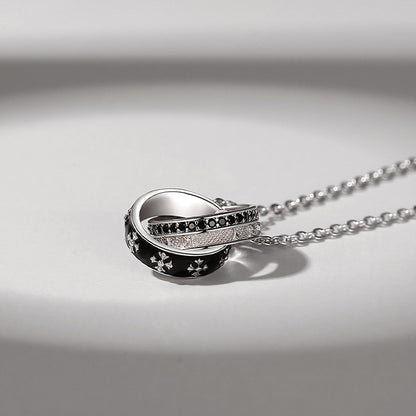 Men’s 925 Sterling Silver Double Ring Pendant Necklace with Black Star Details