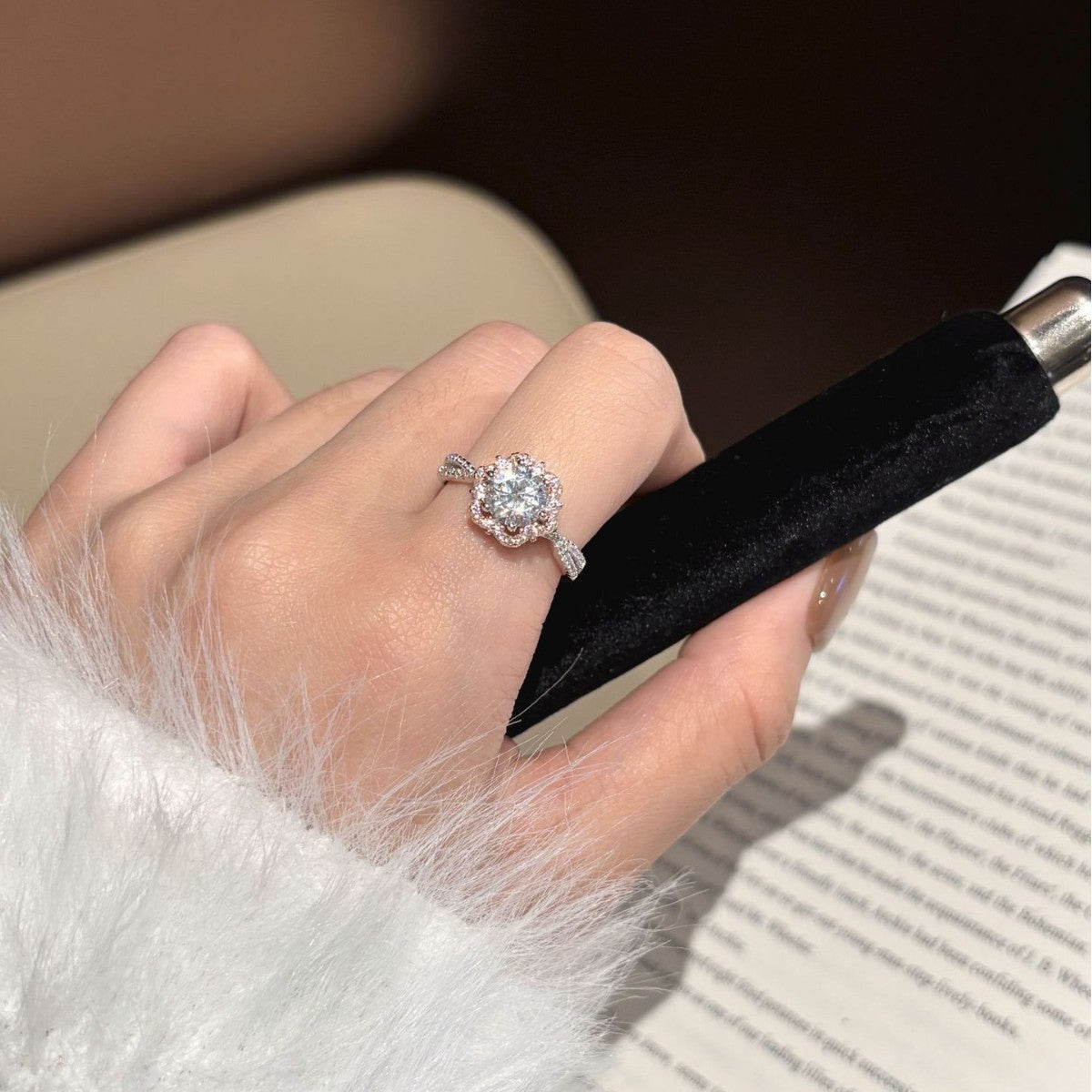 Women’s 925 Sterling Silver 1 Carat Moissanite Ring with Pink Floral Halo and Twisted Band