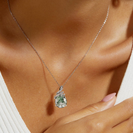 925 Sterling Silver Natural Moss Agate Teardrop Pendant with Coiled Snake Design