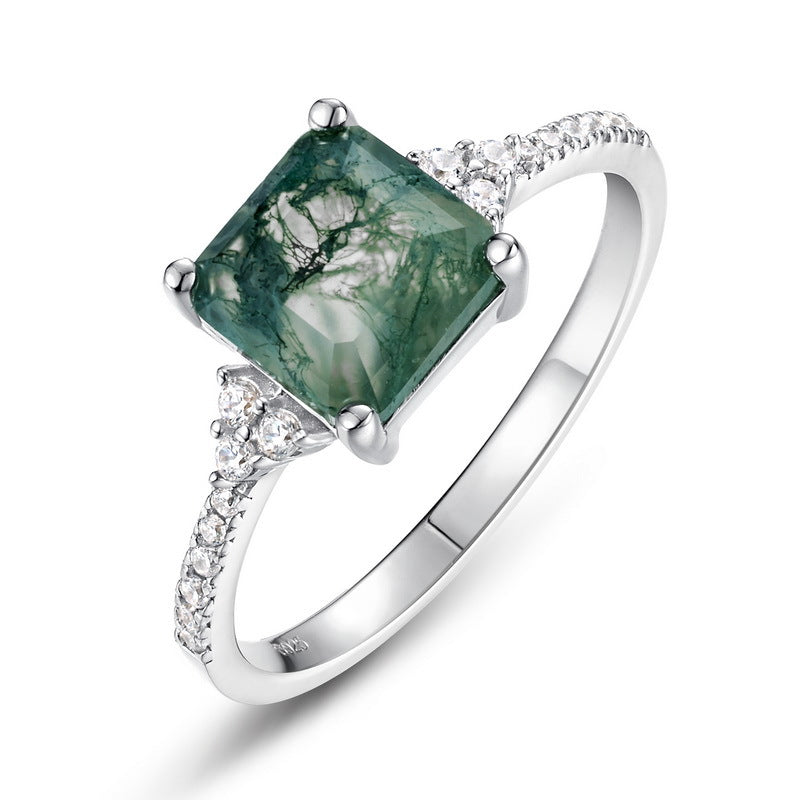 925 Sterling Silver Natural Moss Agate Ring with Sparkling Side Accents