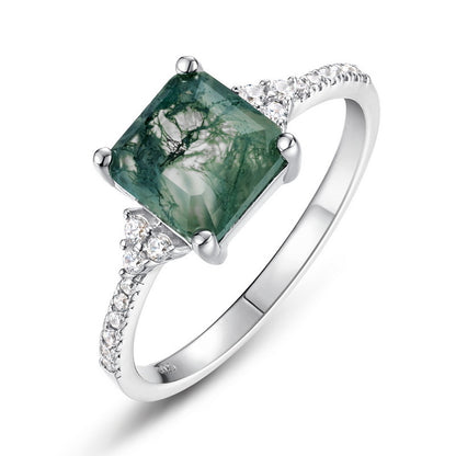 925 Sterling Silver Natural Moss Agate Ring with Sparkling Side Accents