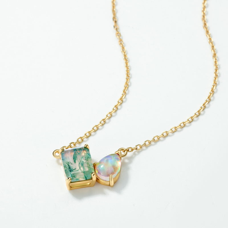 10K Gold-Plated 925 Sterling Silver Moss Agate Necklace with Iridescent Teardrop Accent