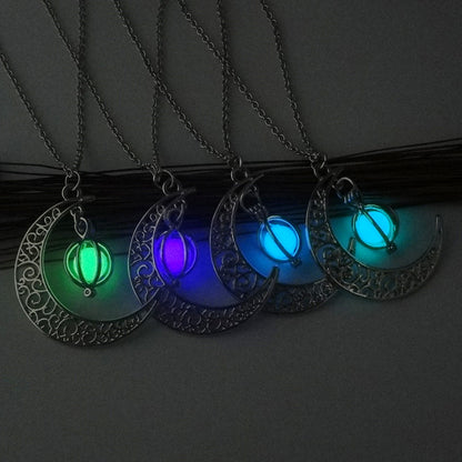 Women’s Silver-Tone Filigree Crescent Moon Necklace with Glow-in-the-Dark Pumpkin Charm
