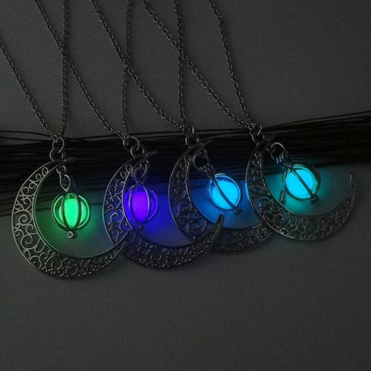 Women’s Silver-Tone Filigree Crescent Moon Necklace with Glow-in-the-Dark Pumpkin Charm