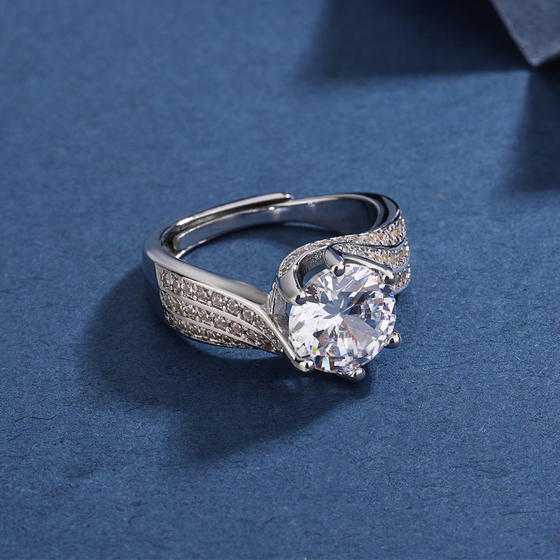 Women’s Adjustable Moissanite Statement Ring with Hearts and Arrows Cut and Swirl Band